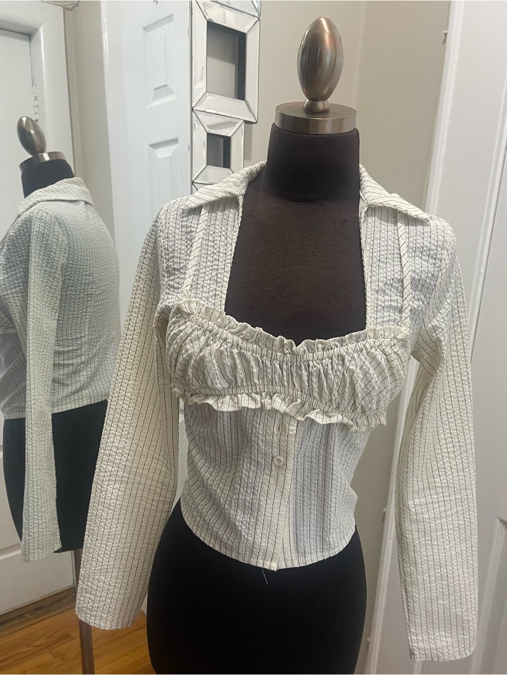 PrettyLittleThing Cream Striped Ruffle-Front Button Down Top - Picture 3 of 8